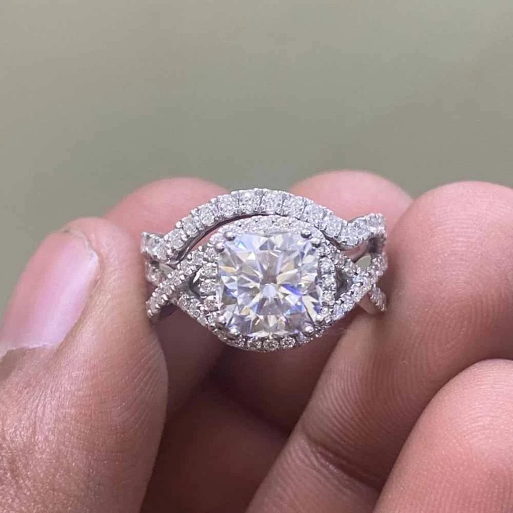 14K White Gold Plated 3CT Cushion Lab Created Diamond Engagement Ring Bridal Set