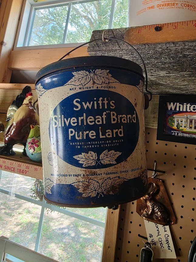 **LOOK Vintage authentic farmhouse SWIFT’S SILVERLEAF PURE LARD Blue/White TIN