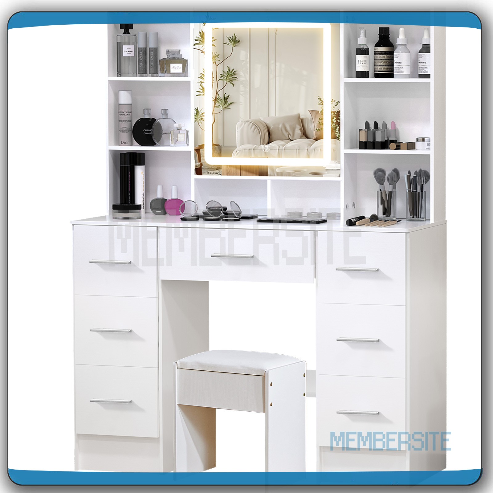 Large Vanity Table Stool Set w/ Smart LED Mirror 10 Shelves Makeup Dressing Desk