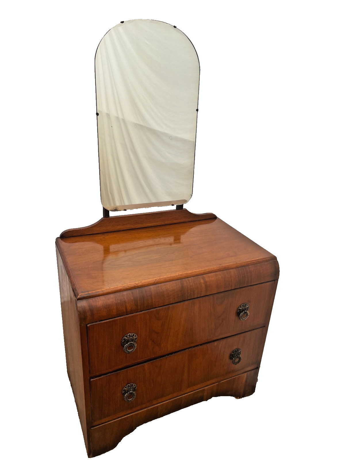 Vintage Art Deco style Dresser Chest Two Drawers, Waterfall Top, Mirror
