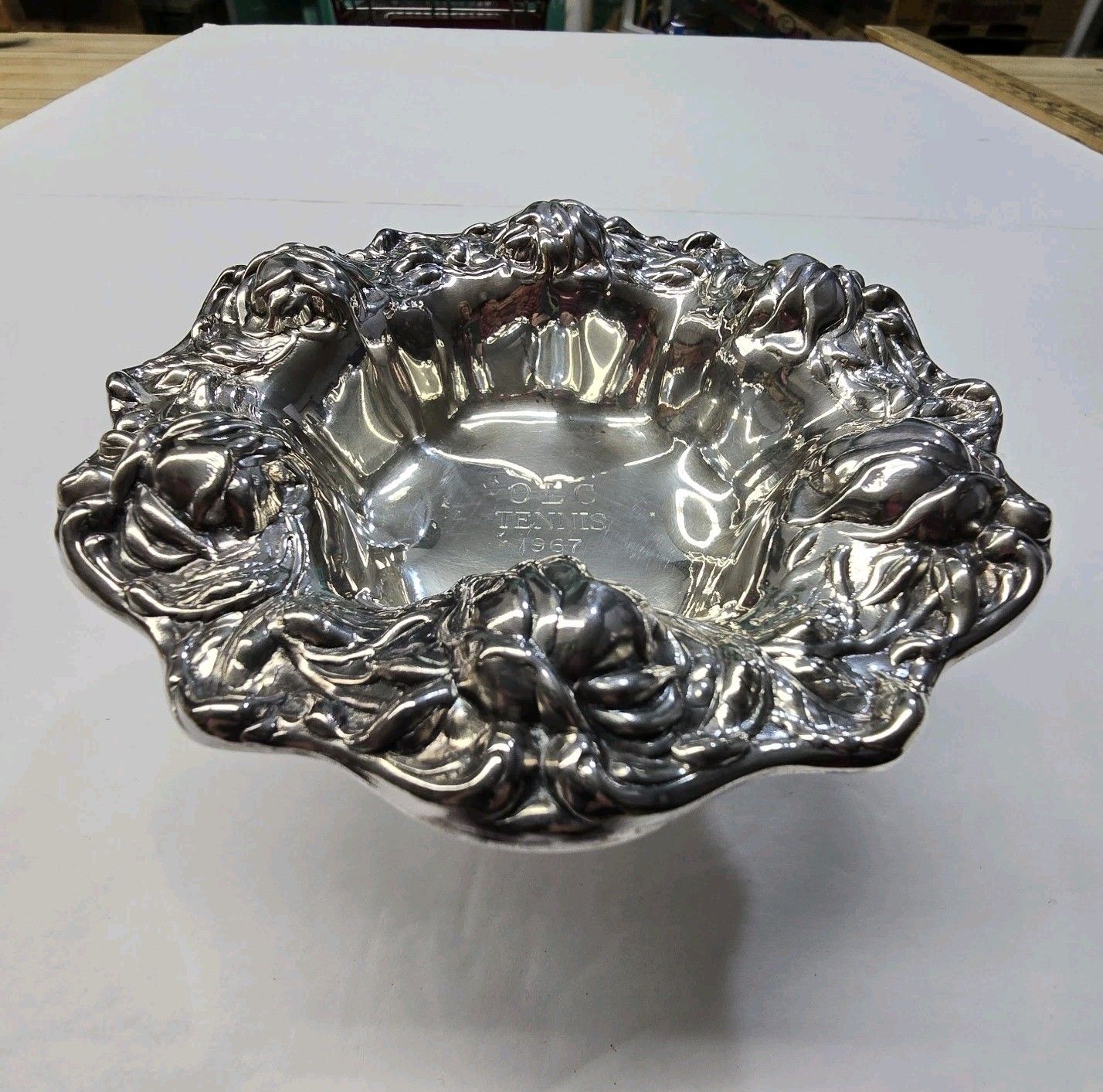 Wallace Silverplate 9000 Floral Repousse Footed Bowl 6″ Dia TENNIS 1967 Award