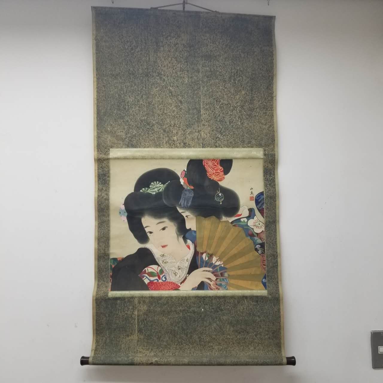 Japanese Hanging Scroll of Two Women in Kimono with Fans