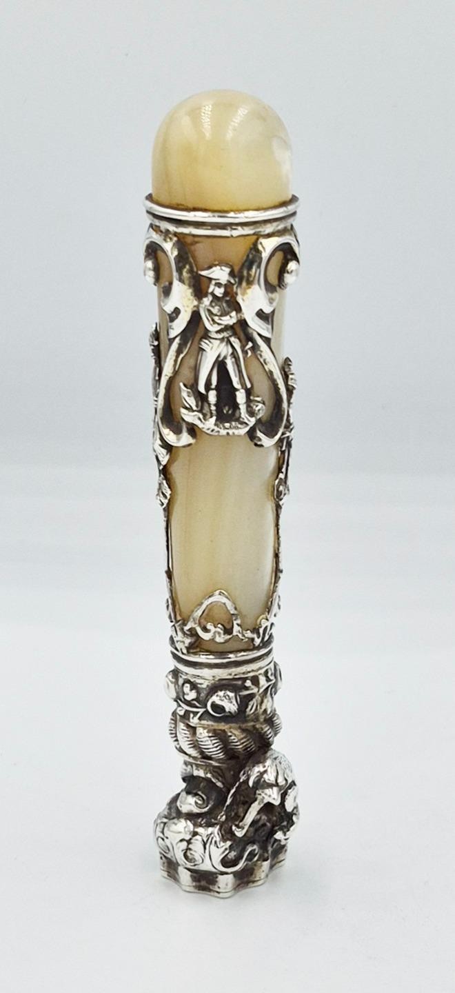19TH CENTURY LARGE SOLID SILVER & MOTHER OF PEARL FIGURAL INTAGLIO DESK SEAL