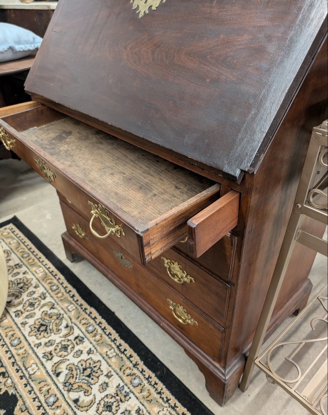 Early 18th Century Walnut Fall Front Desk W/Brass Handles + OG Key Covers