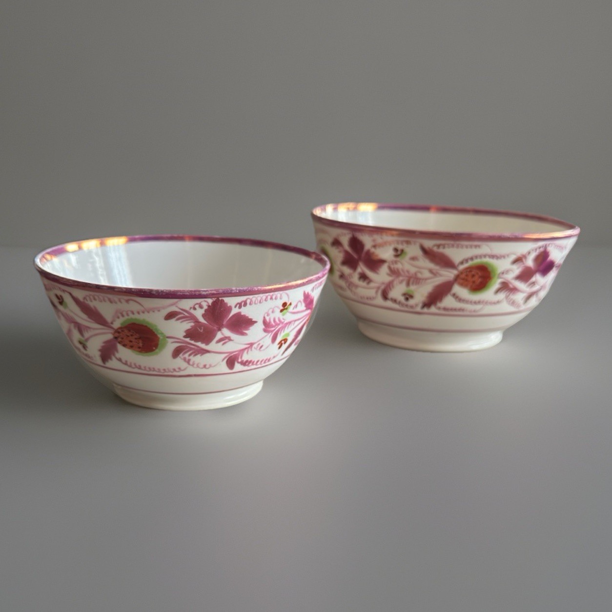 2 Antique Georgian Pearlware Strawberry Luster Waste Bowls, 1810