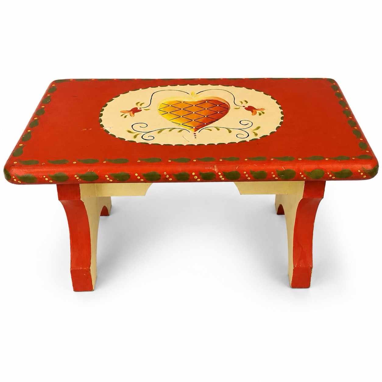 Vintage Hand Painted Wooden Foot Stool Folk Art Heart Primitive Bench Orange 12”