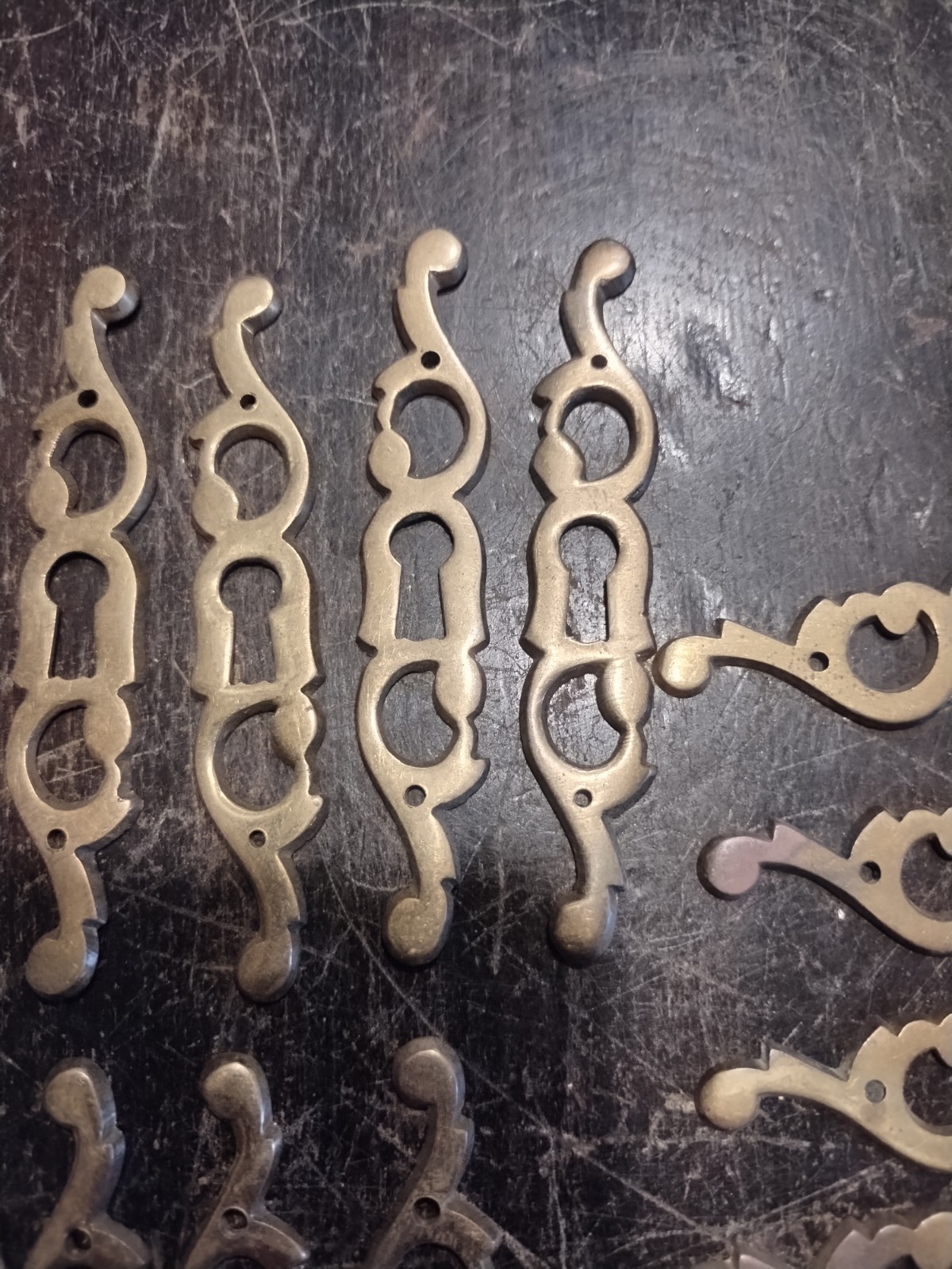 24 Fancy Vtg Solid Brass Drawer Keyhole Escutcheons Ornate