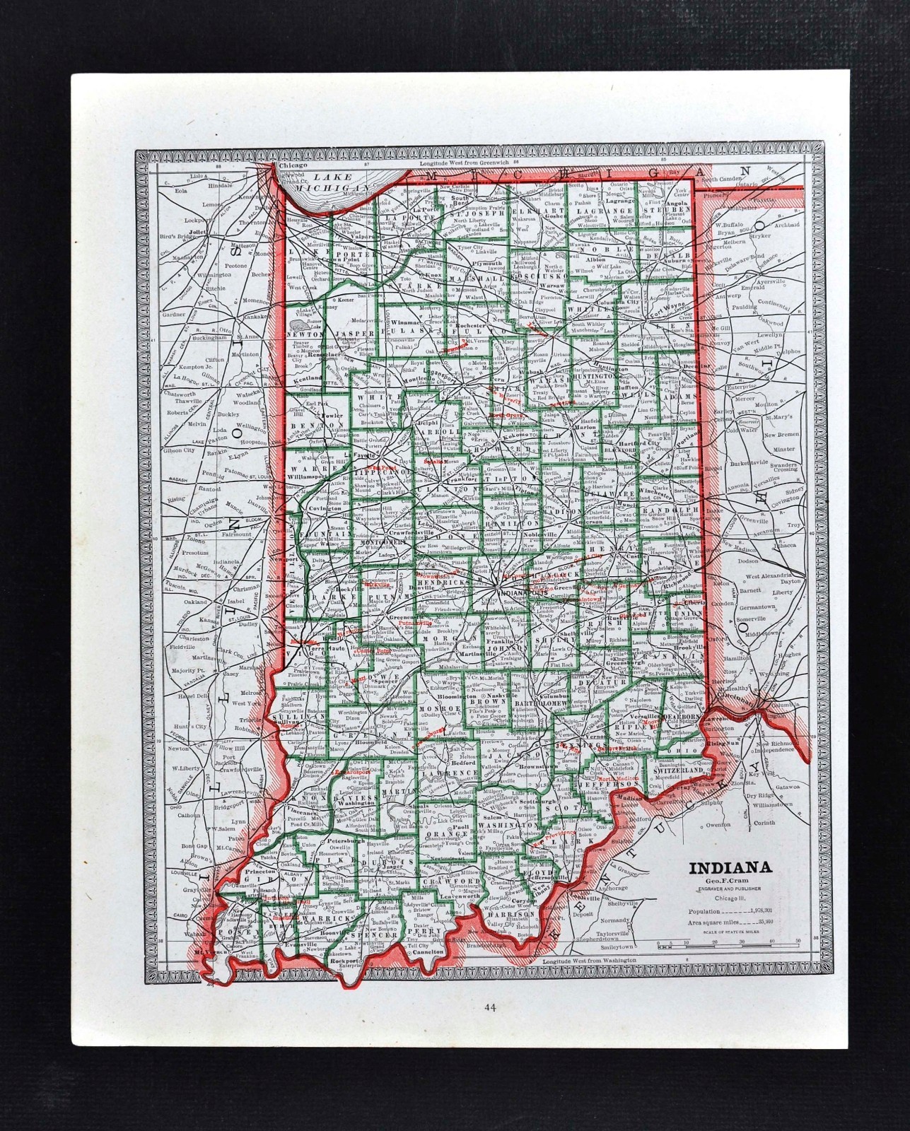 c 1883 George Cram Map – Indiana – Indianapolis Evansville Fort Wayne Muncie