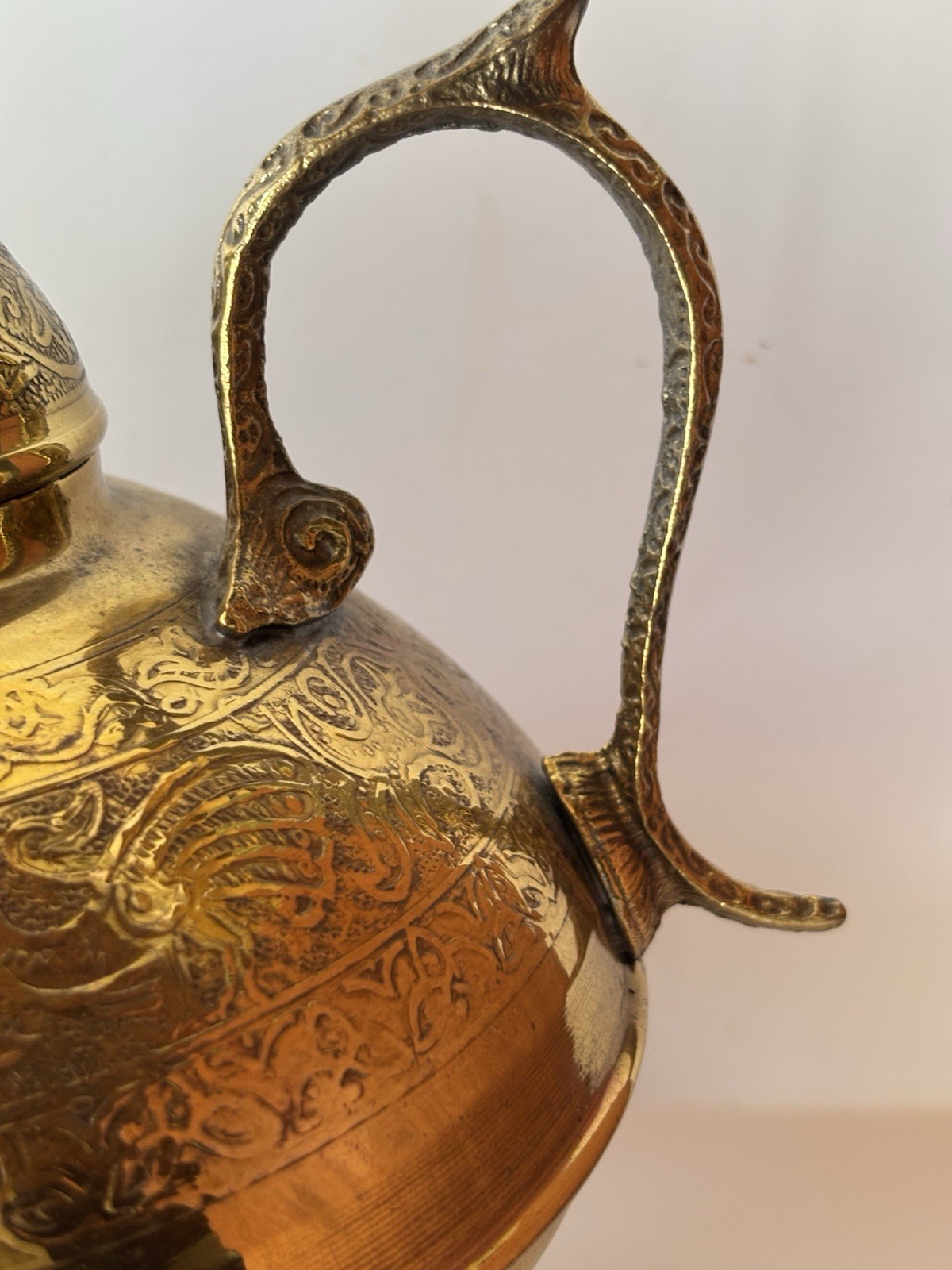 Large Brass Teapot Bird Handle Jerusalem Collectible Decor Unique Ornate Shiny