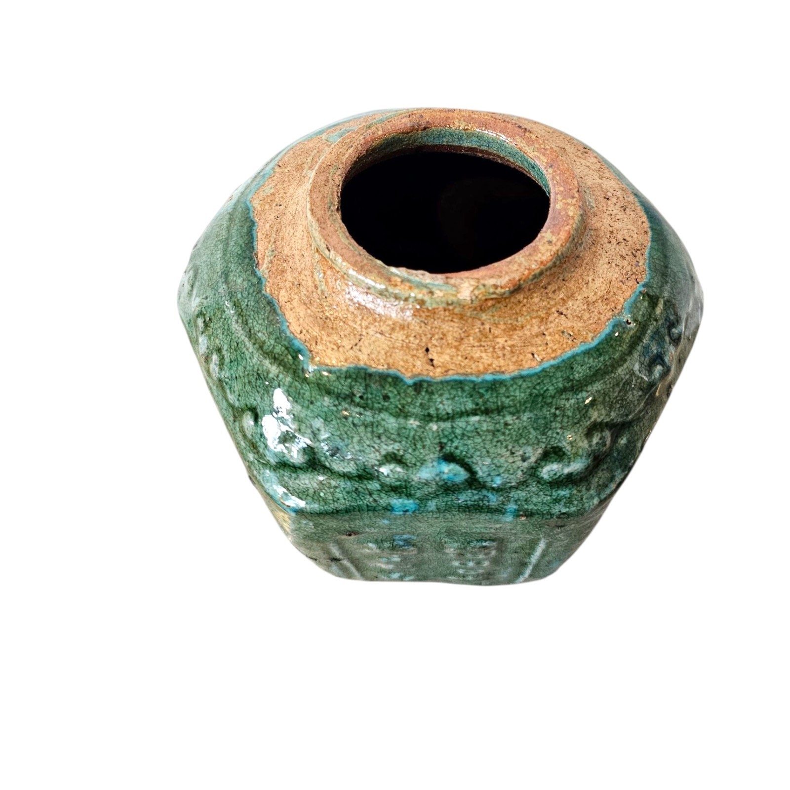 Antique Chinese Octagonal Pottery Ginger Jar Green Glaze Earthenware STAMPED