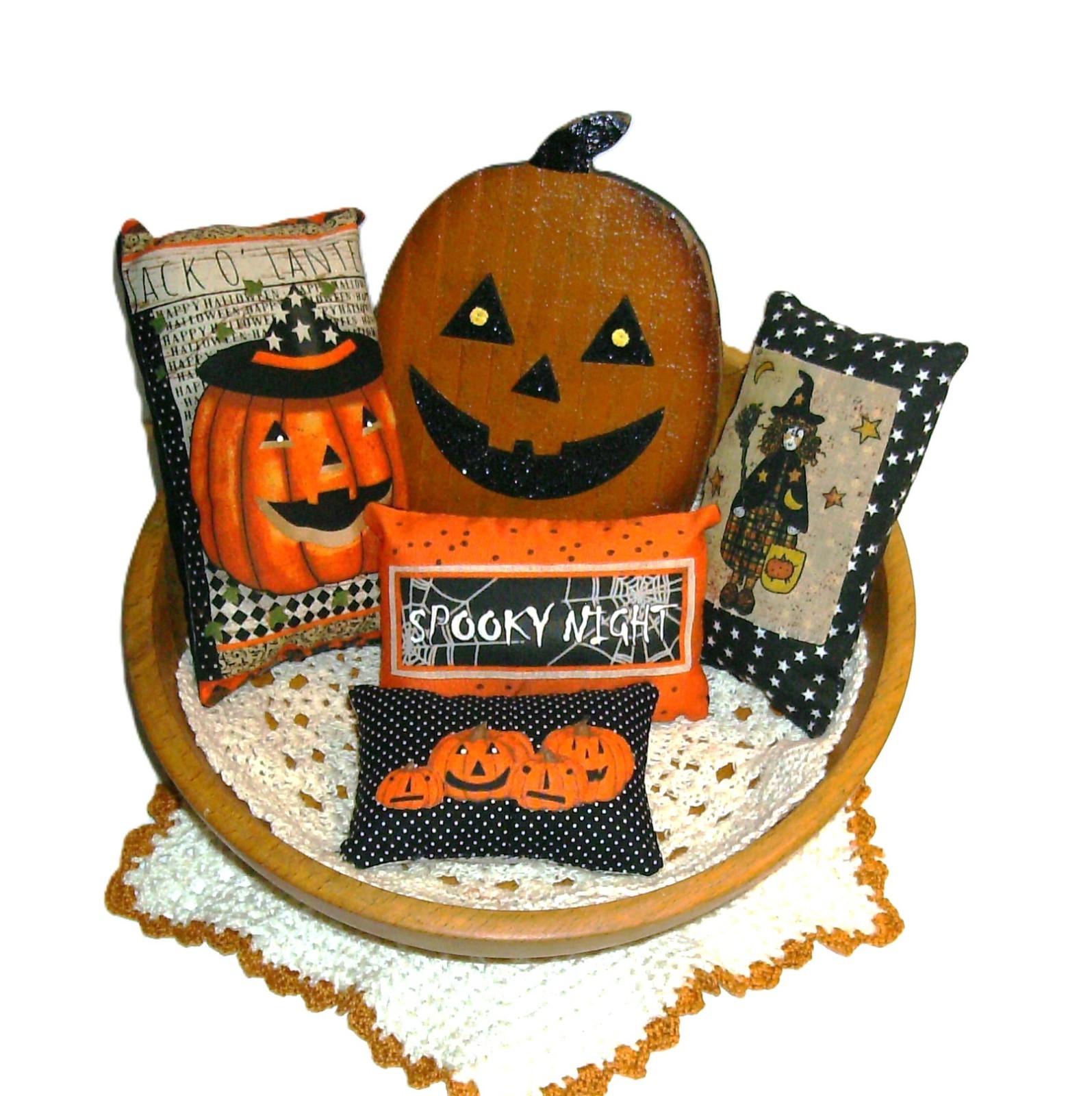 5 Piece Primitive Halloween decor #G–Mini Pillow Bowl Fillers- Wood JOL Sitter