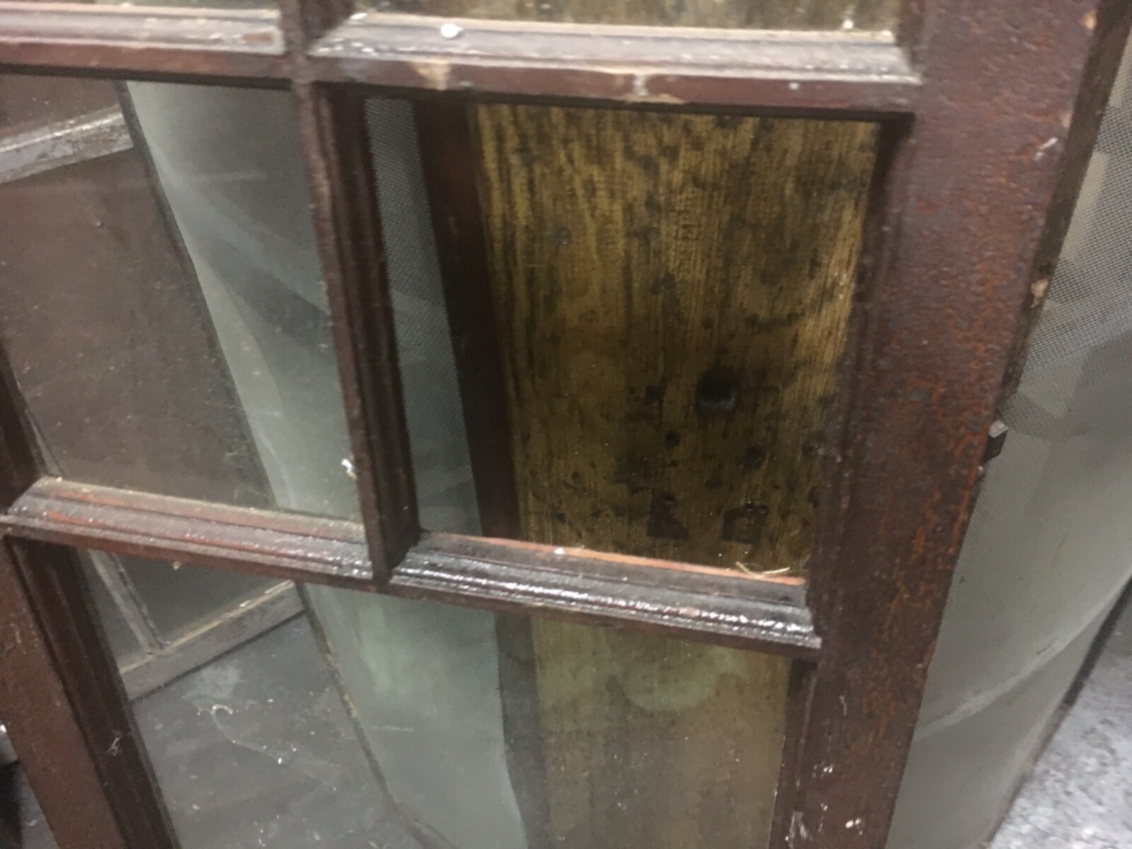 c1910-20 antique pine cabinet door – glass panels original hardware 48” x 16” w