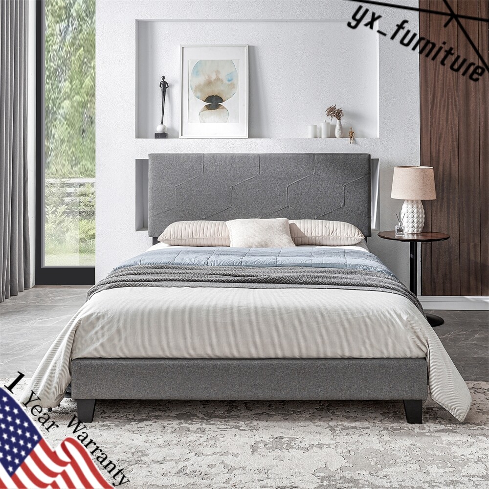 Queen Size Upholstered Platform Bed Frame with Wood Slat Support, Easy Assembly