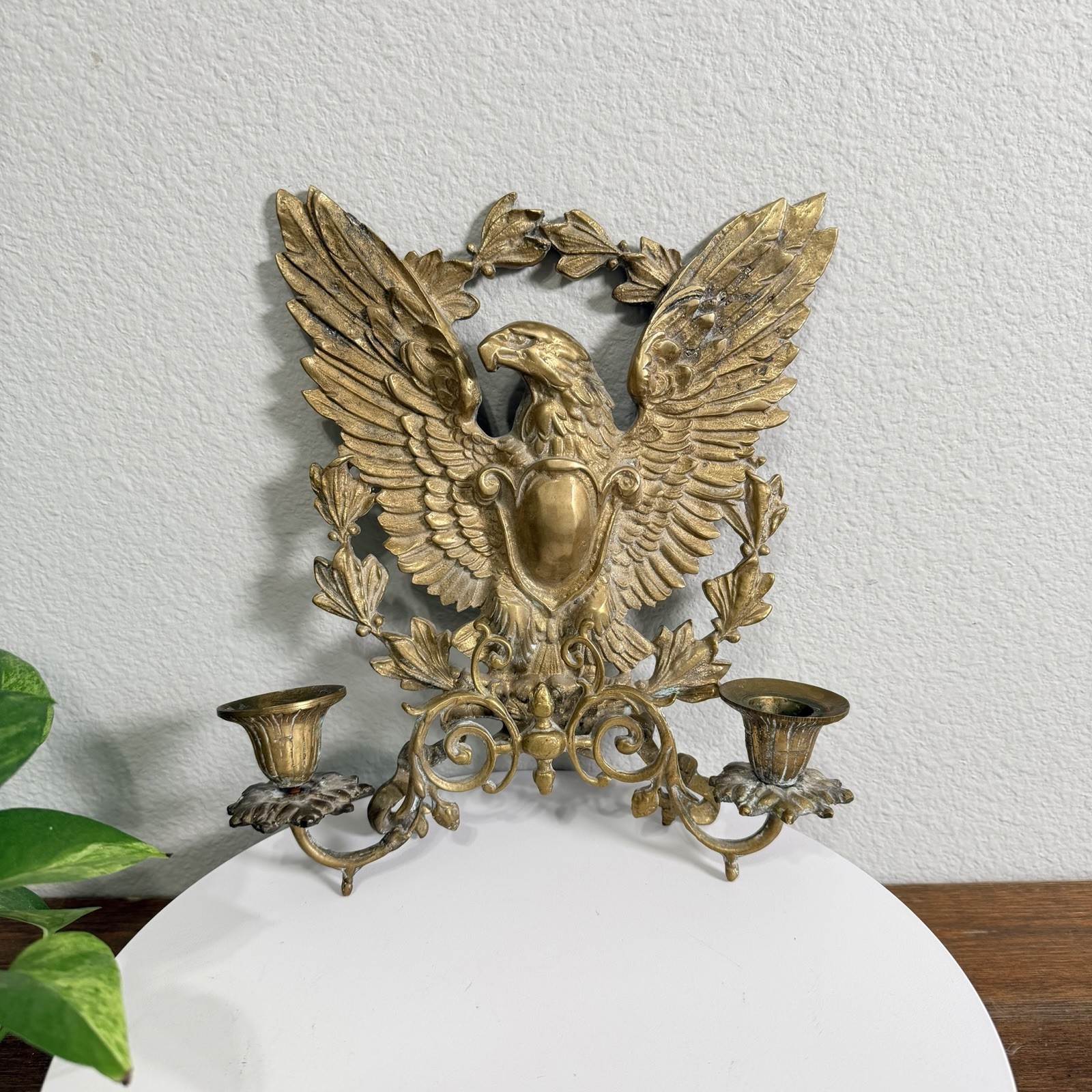 Vintage Brass American Eagle Wall Sconce, Double Candlestick Holder,