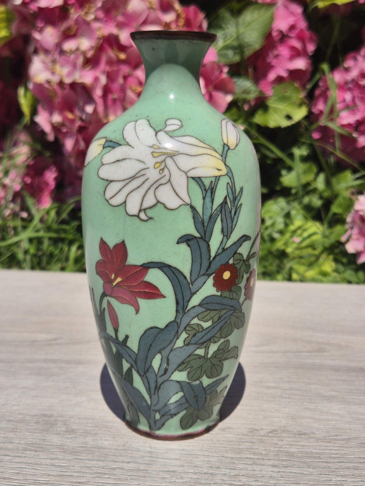 Antique Japanese Cloisonne Vase – Pale Green Floral Lily Design – Meiji