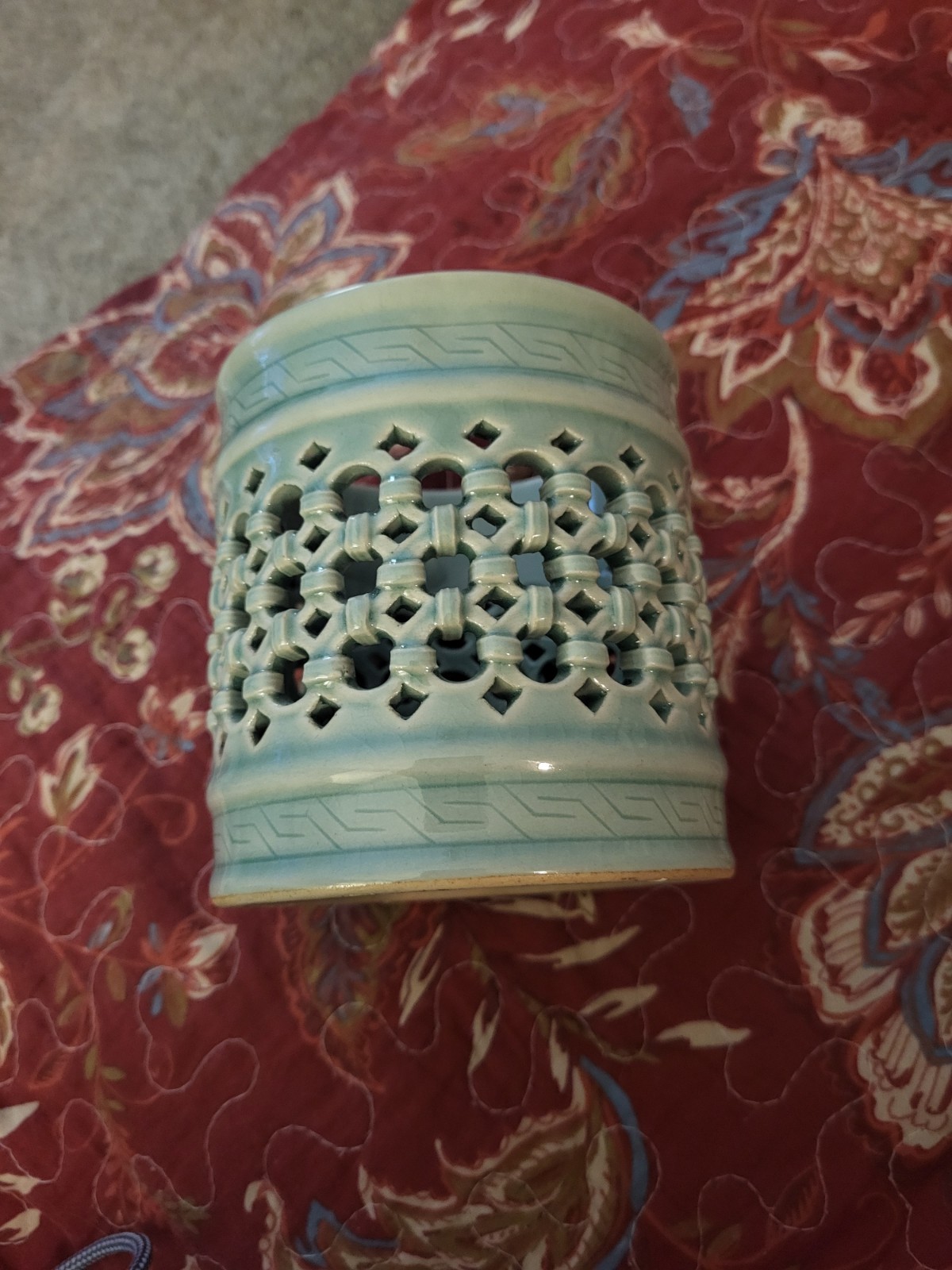 Vintage Korean Celadon Reticulated Brush Pot, Planter, or Candle Holder.4.5″Tall