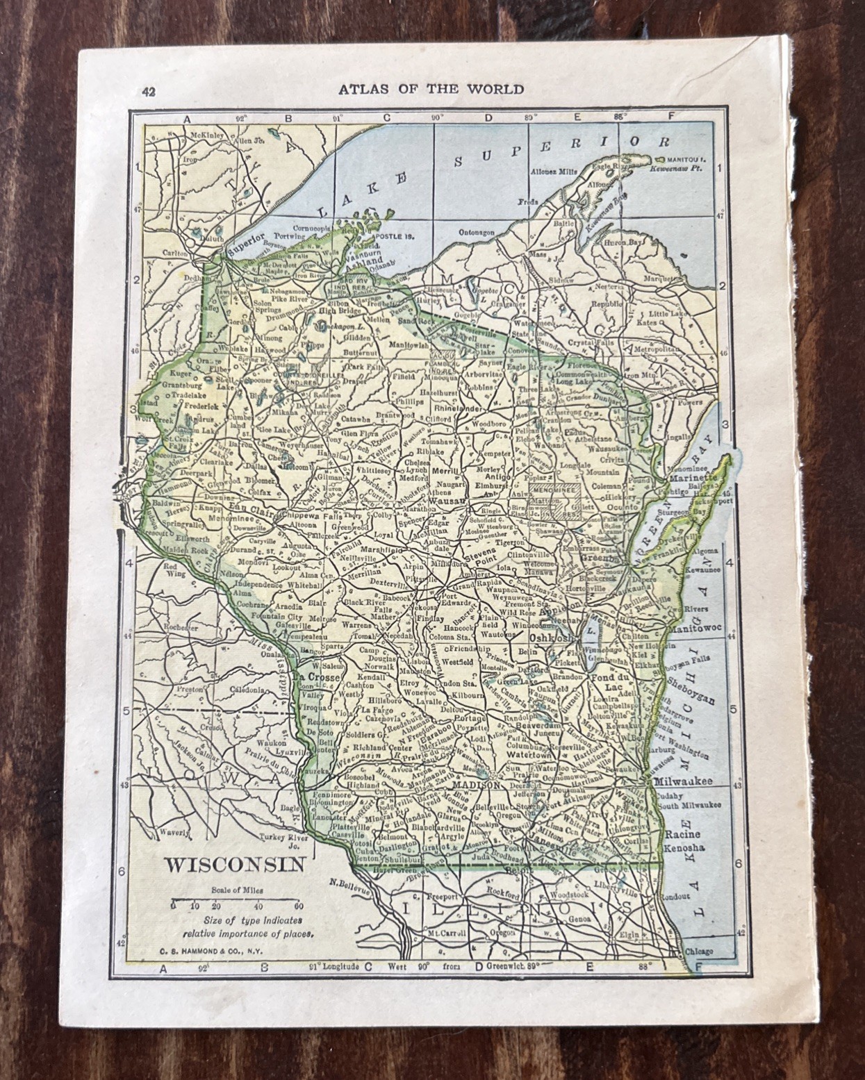 Antique 1910 States Of Wisconsin & Michigan 6×8” Color Atlas Map; C S Hammond