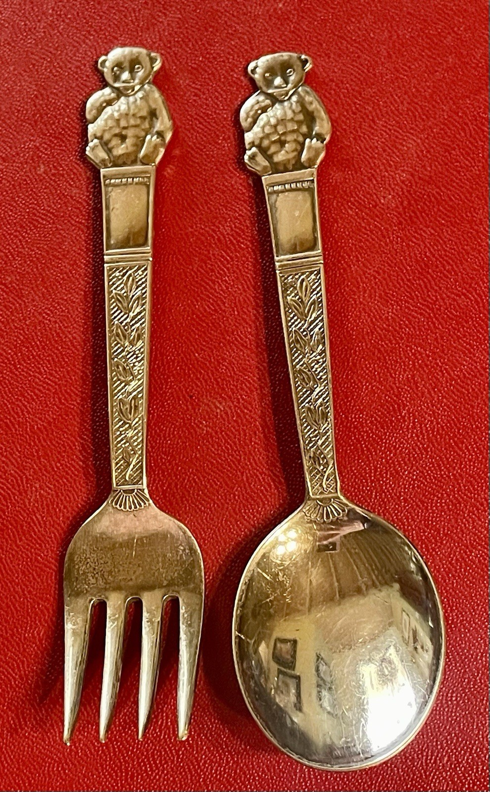 Nils-Johan Sweden Silverplate Teddy Bear Baby Spoon Fork Set Vintage 1950