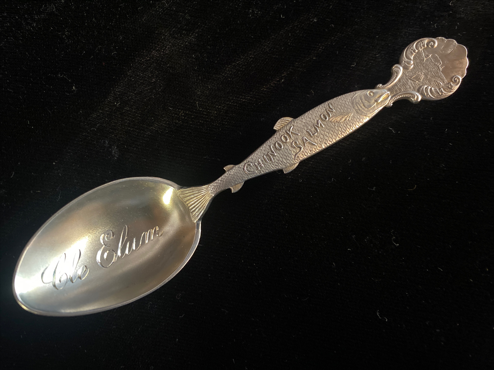 Antique Sterling Silver Souvenir Spoon Chinook Salmon Cle Elum Washington WA