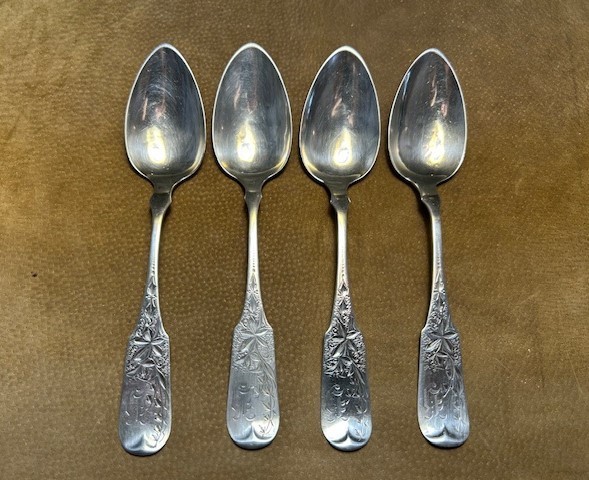 4 Antique “Brightcut” Coin silver tablespoons by Hotchkiss & Schreuder