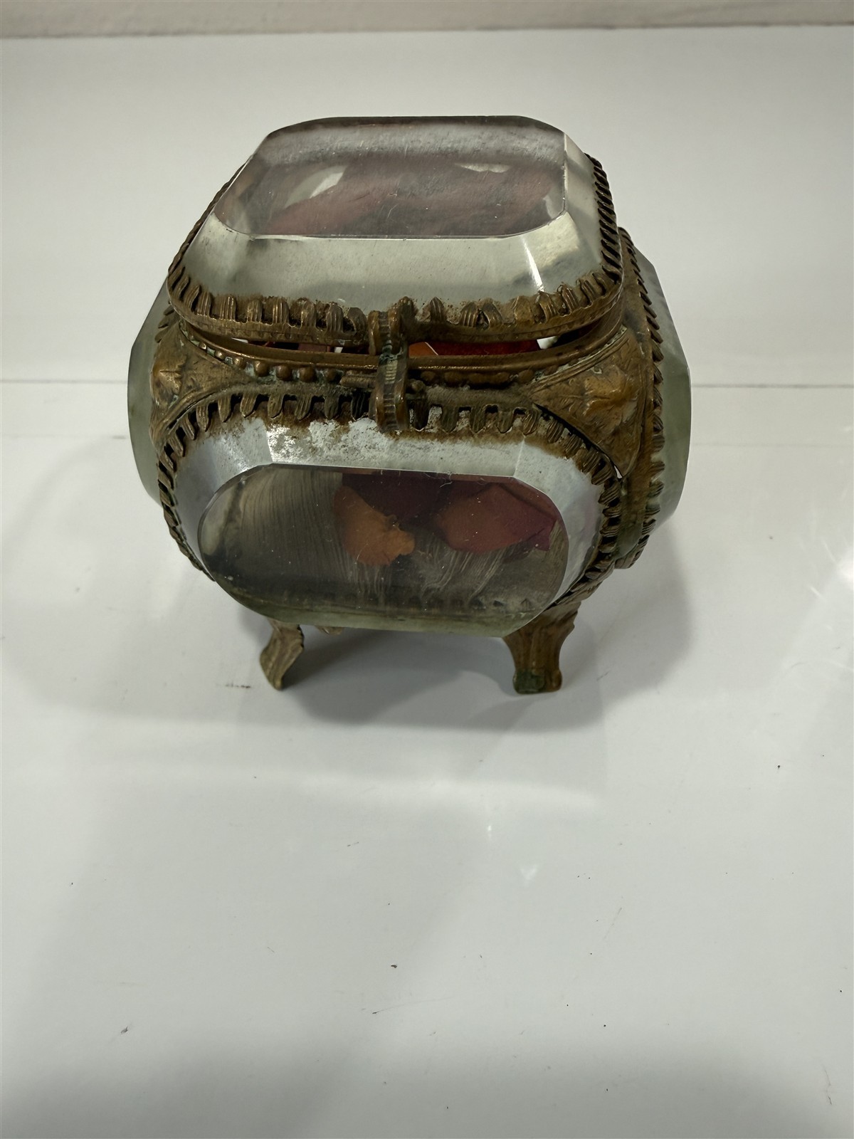 Antique French Jewelry Casket Trinket Box Ca. 1800’s Decorative Brass & Glass