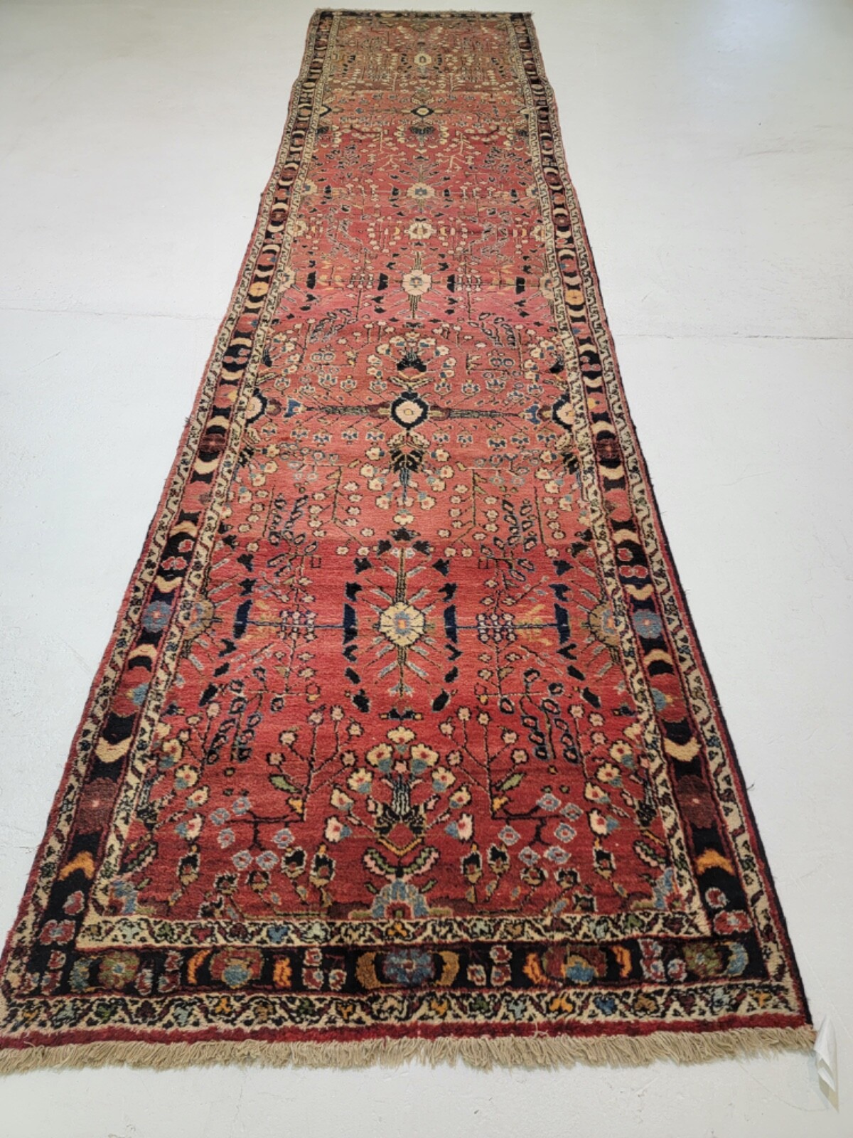 Antique Oriental Hand-Knotted Wool Runner Red/Ivory/Navy Blue/Blue 3’11” x 16’11