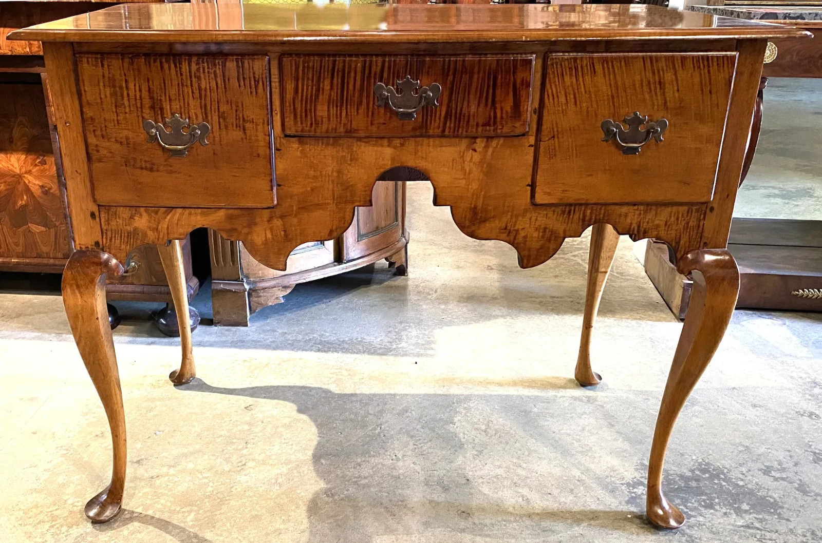 18th c New England Queen Anne Tiger Maple Highboy Base