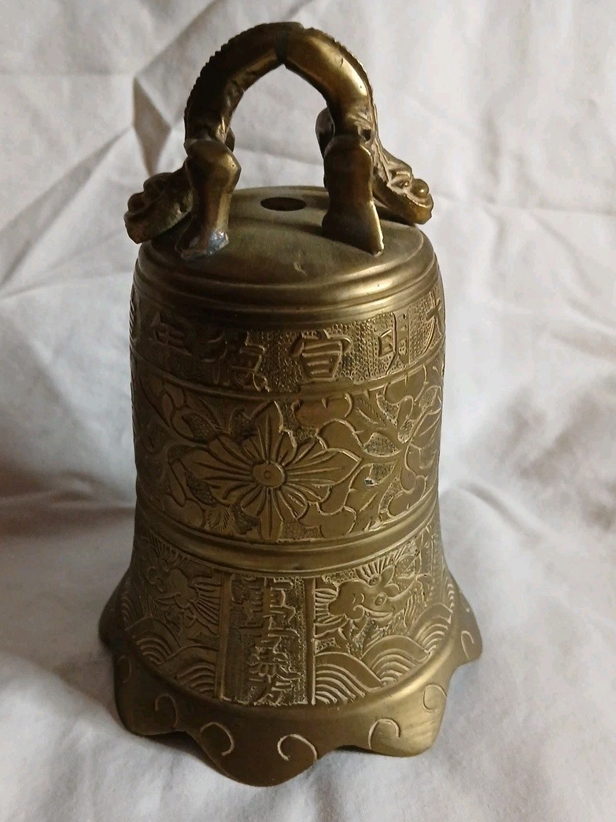 Heavy Vintage Chinese Asian Brass Bell Etched With Dragon Handle Unsigned C67