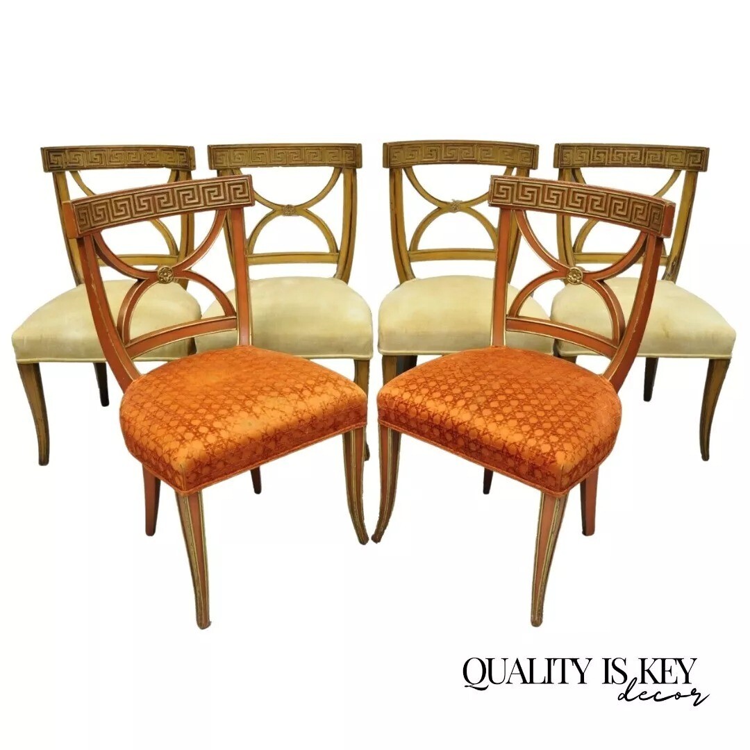 Hollywood Regency Italian Neoclassical Greek Key Painted Dining Chair – Set of 6