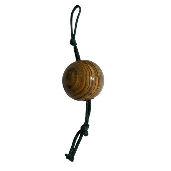 Fuchin Japanese Scroll Weight Tan Brown Dark Green Wooden Look Round Stone