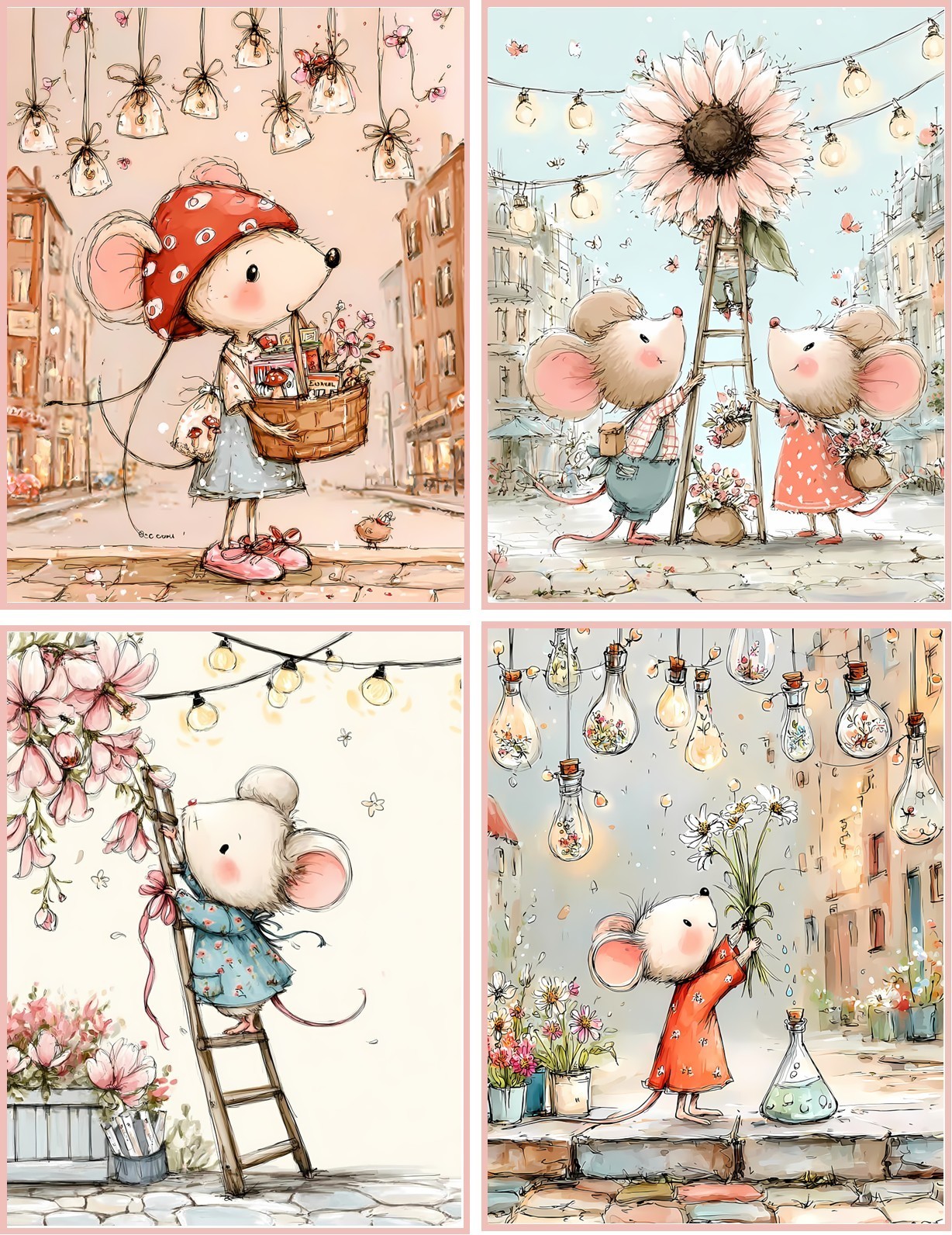 8 assorted whimsical garden mice glossy blank folded note card set 2