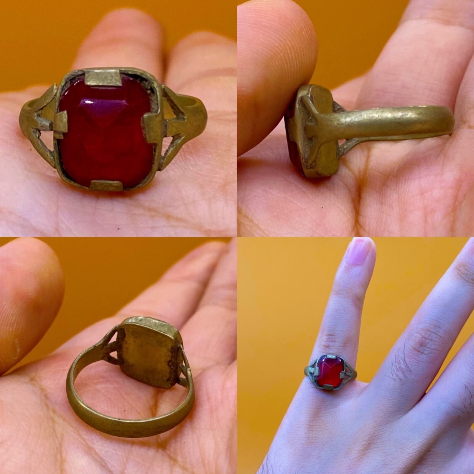 BEAUTIFUL VINTAGE BRONZE RING IN A ROMAN STYLE WITH RED STONE 7.5 US