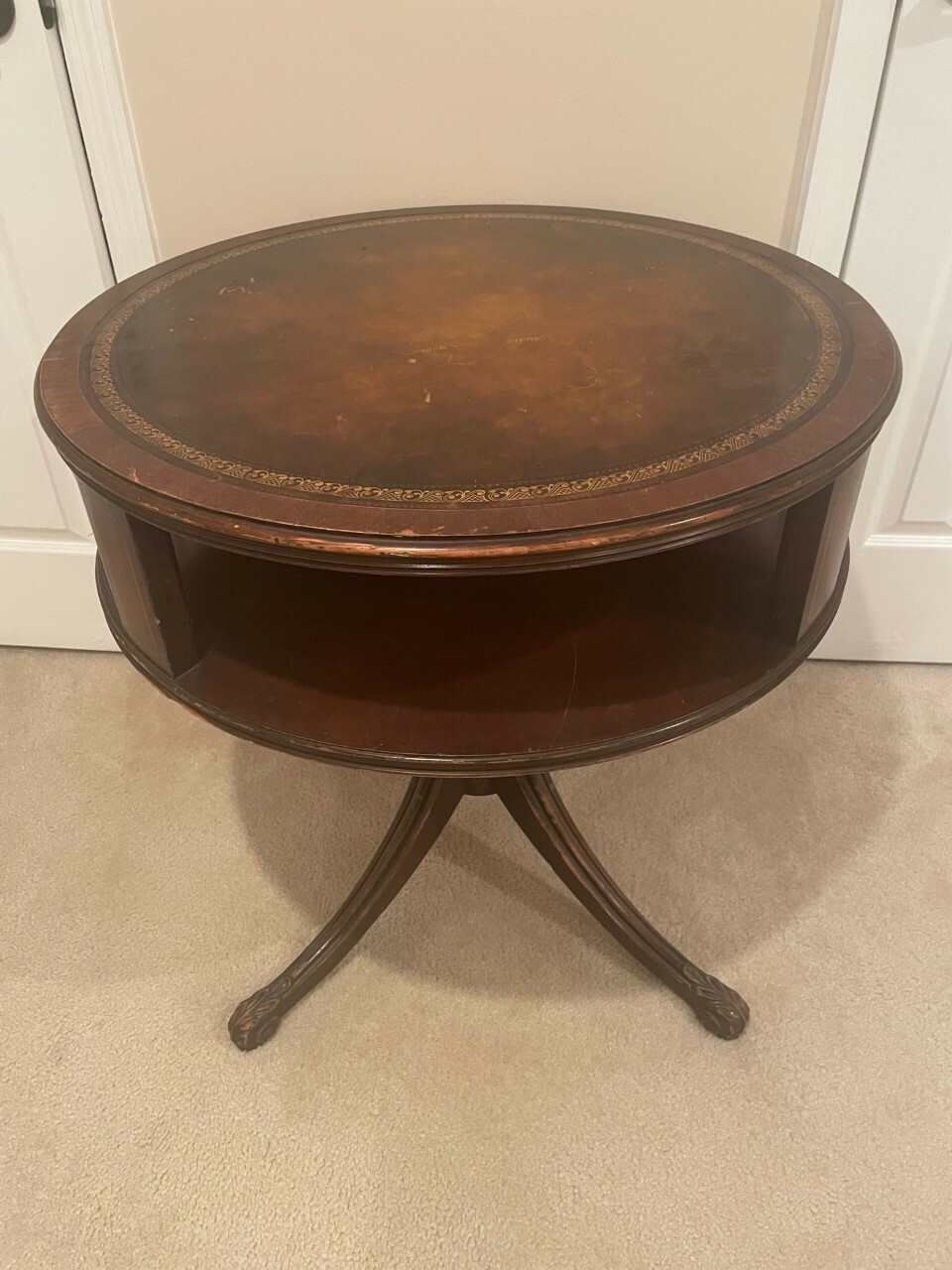 Weiman, Inlaid Leather Round Drum Coffee Table 28″ Wide 28″ Tall 