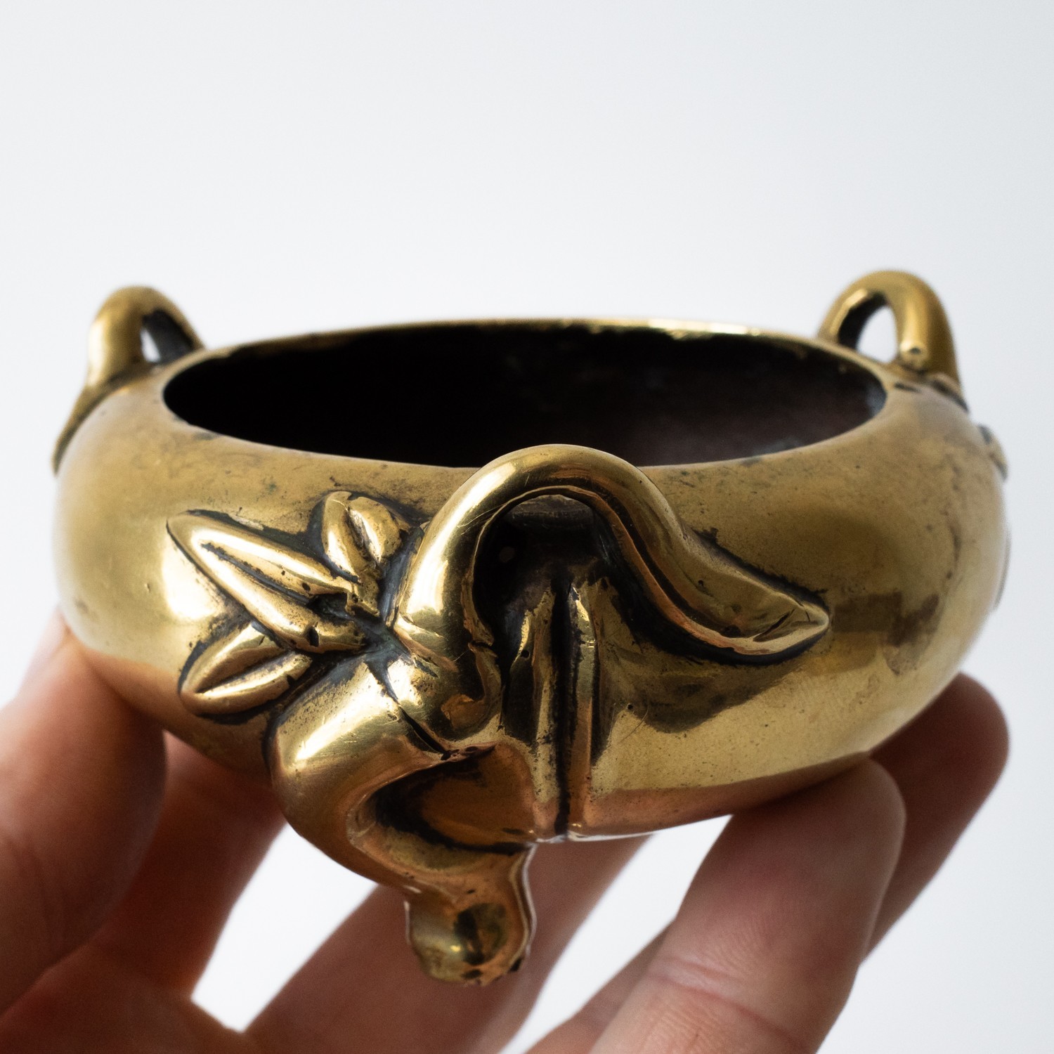 Chinese Antique Vintage Bronze Bamboo Form Incense Burner Three Handles 281g