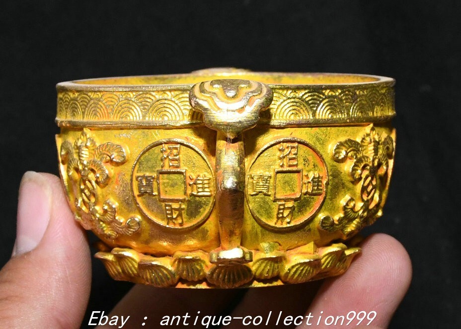 3.5″ Old Dynasty Pure Bronze Gilt Flower Pattern Double Ruyi Ears Wine Cup