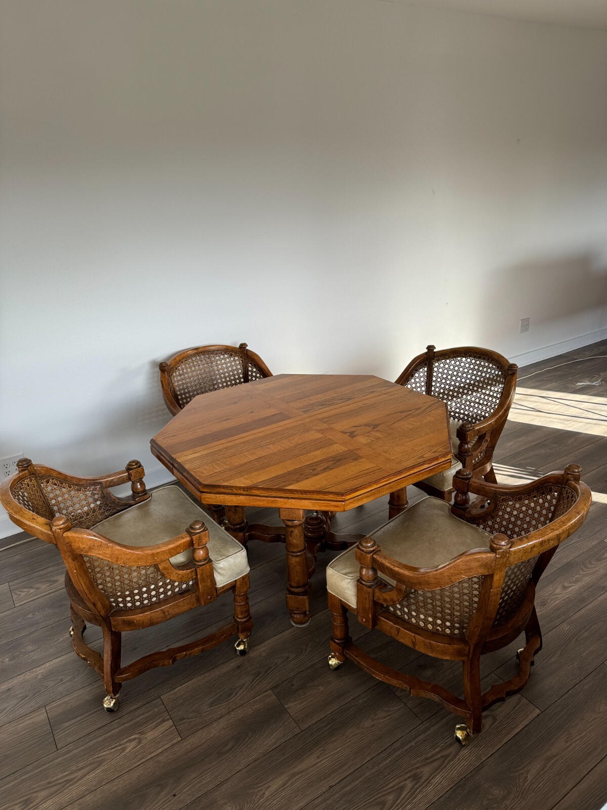Vintage RARE Fort Smith USA made BOHO Dining Set -4 Barrel rattan Bergere Chairs