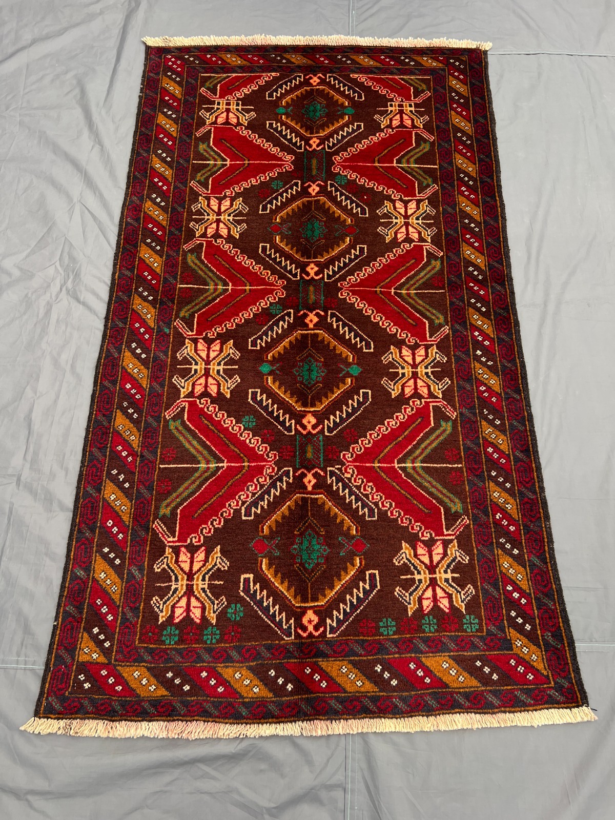 3’5×6’5 ft Vintage Baluchi Nomadic Geometric Hand Knotted Wool Area Rug