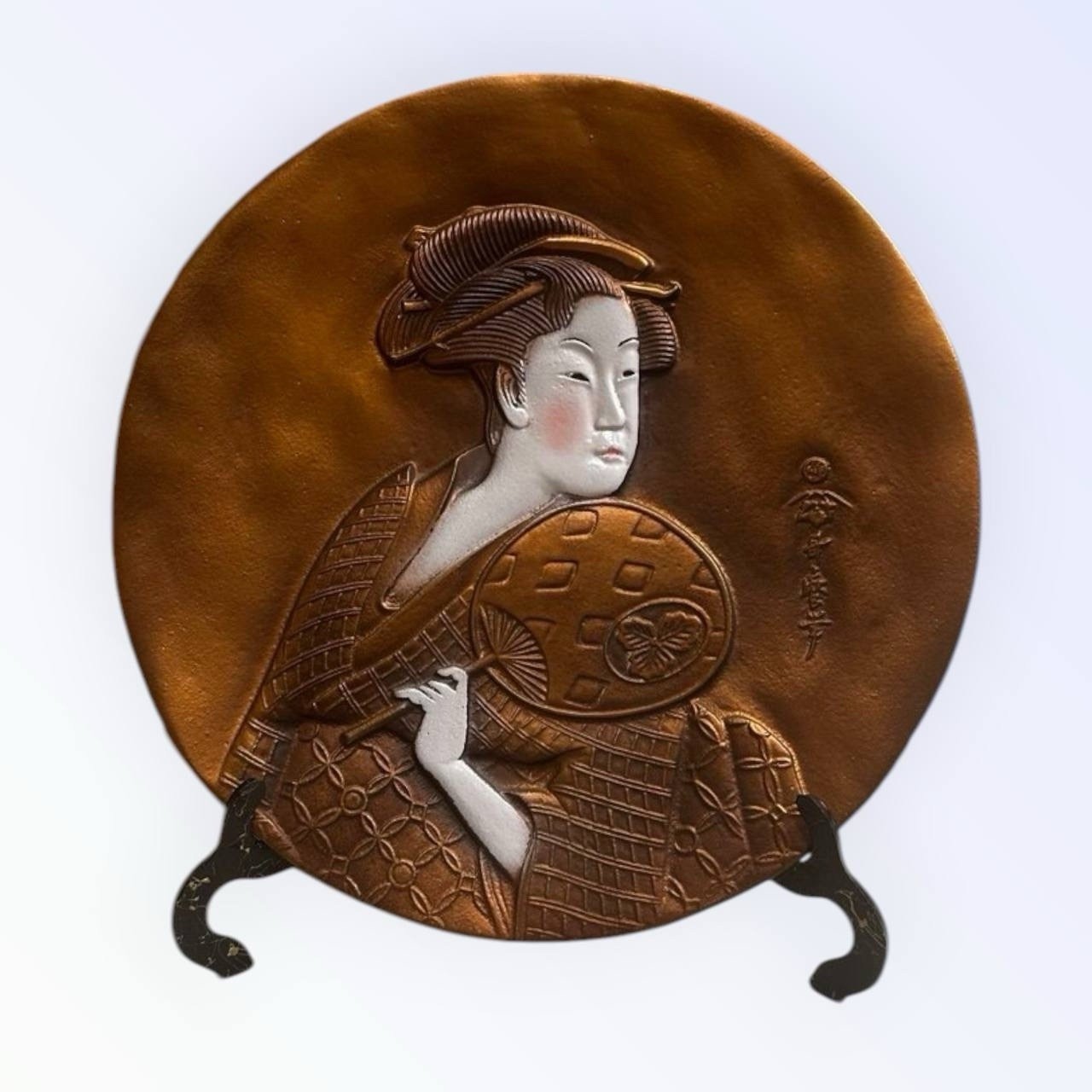 Japanese metal wall plate “Takashima Ohisa” by Utamaro, 1950s