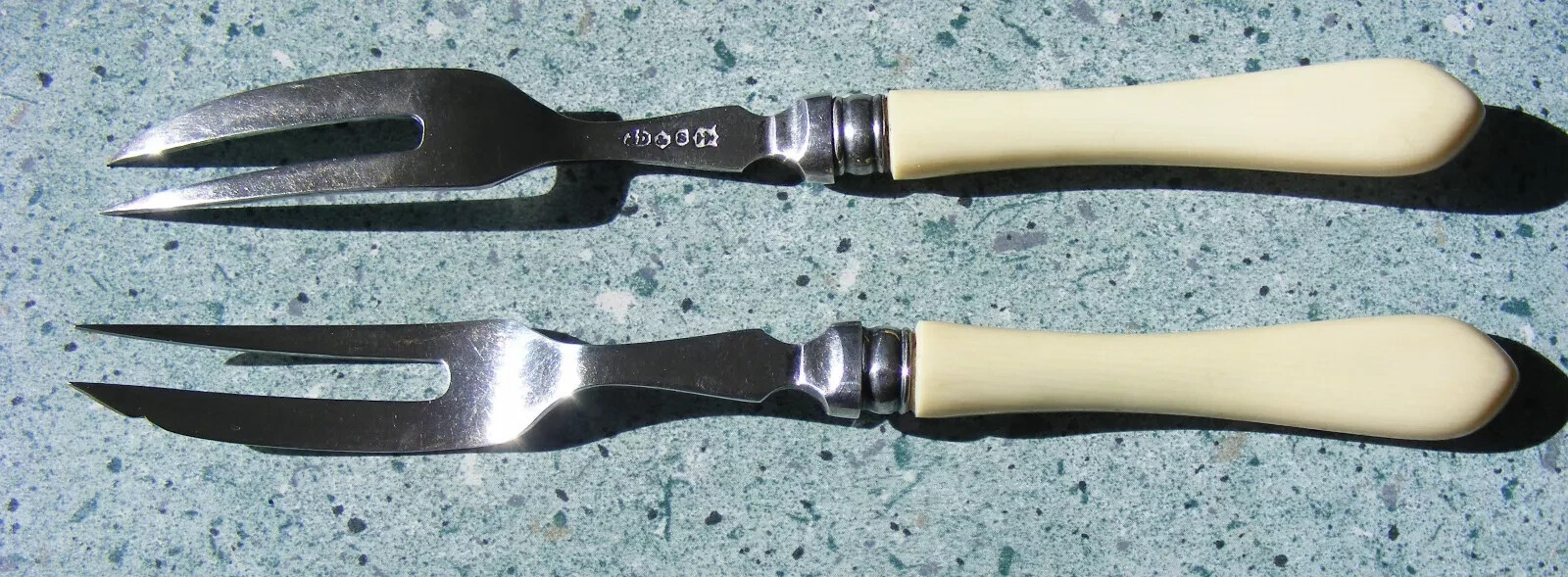 2 VINTAGE/ANTIQUE SILVER PLATED CAKE OR CHEESE FORKS WITH FAUX BONE HANDLES