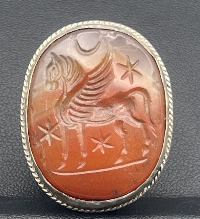 Vintage Intaglio Authentic Agate Seal Pegasus Intaglio Hand Made Silver Case