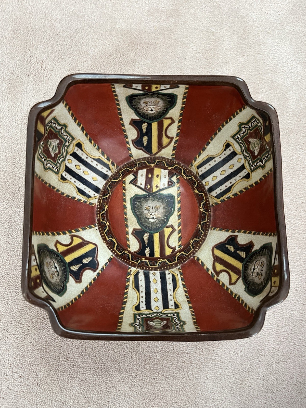 Wong Lee 1895 Square Porcelain Bowl Lion Shield Red Yellow Green Decorative 9”