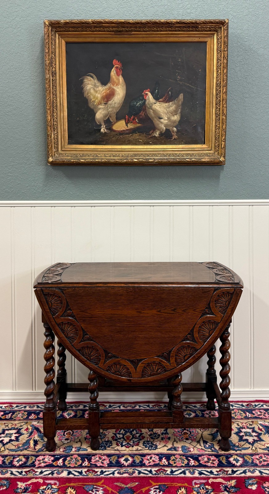 Antique English Table Drop Leaf Gateleg CARVED TOP Barley Twist Oak c. 1920-30s