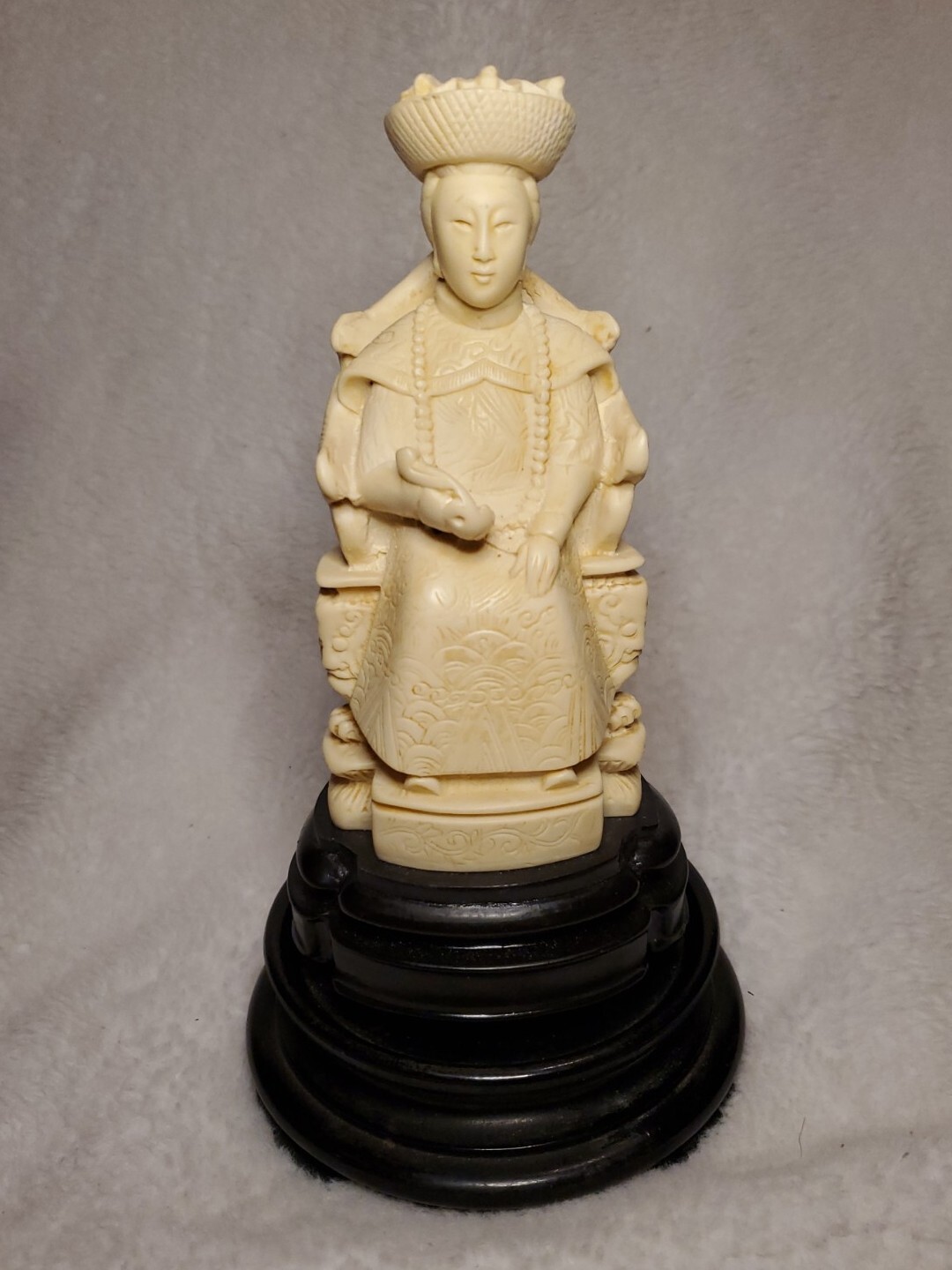 Chinese Hand-Carved Resin Emperor & Empress Figures 9″ With Glass & wooden Base