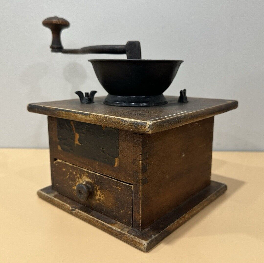 Antique Primitive Coffee Grinder w/ Drawer – Wood & Cast Iron – Amazing Patina!