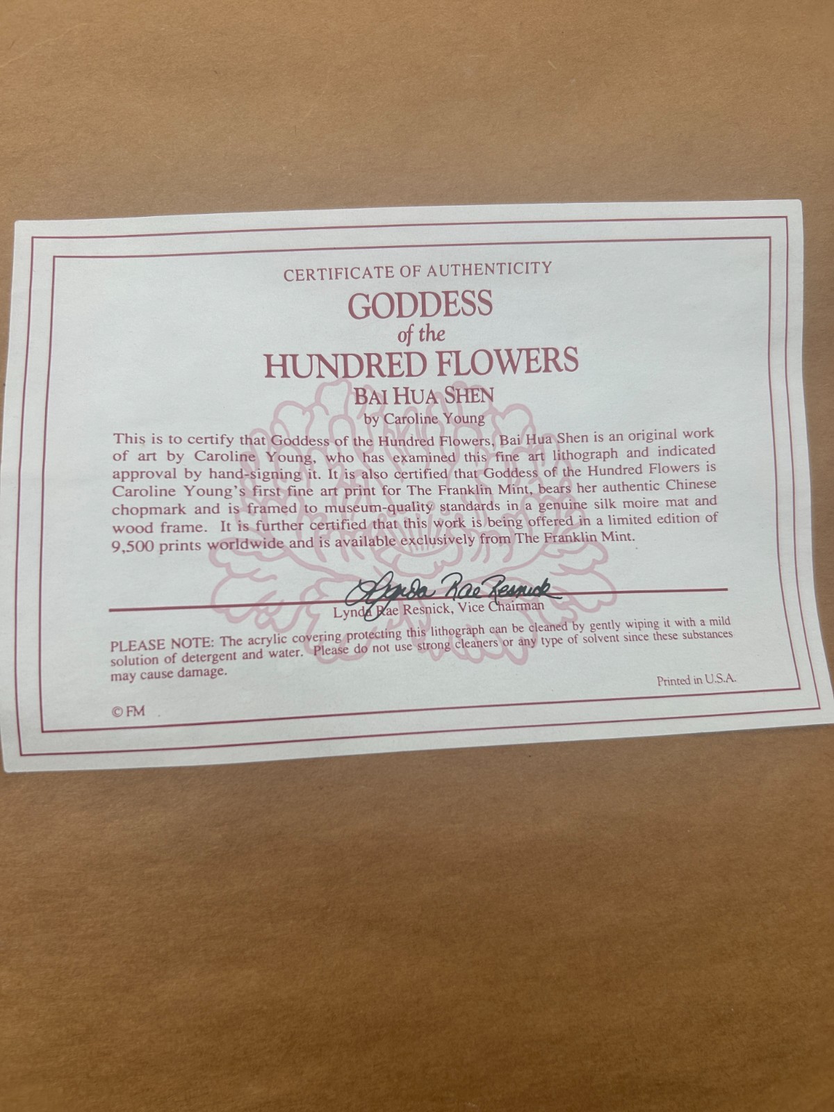 Signed Franklin Mint Goddess Hundred Flowers Caroline Young Limited Edition COA