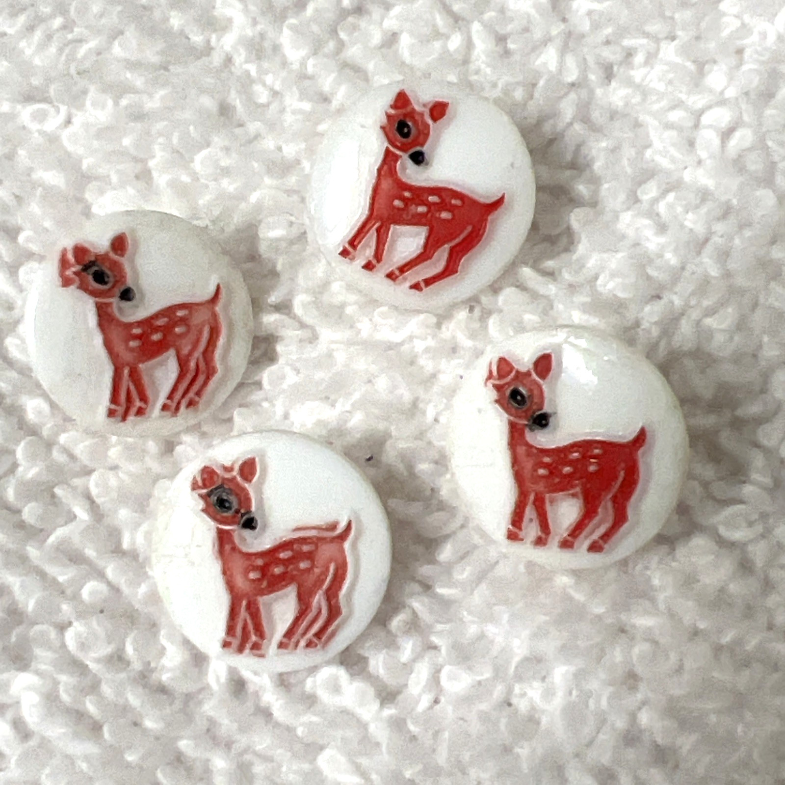 4 Vintage Novelty Red Etched Baby Deer Fawn Milk Glass Buttons 1/2″ Wide