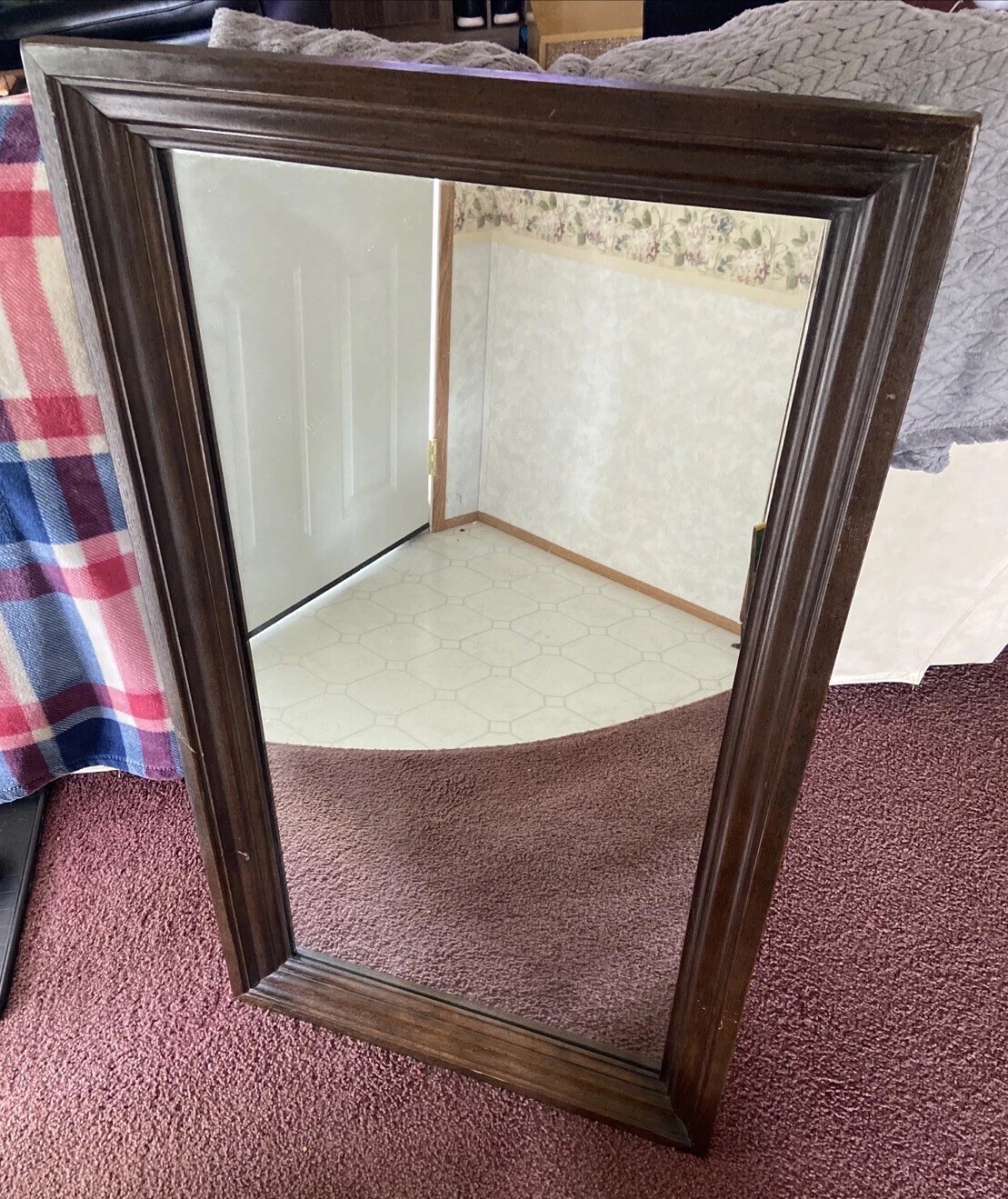Large Antique Vintage Heavy Walnut Wood 43”x23.5” Wall Mirror Hanging Rare
