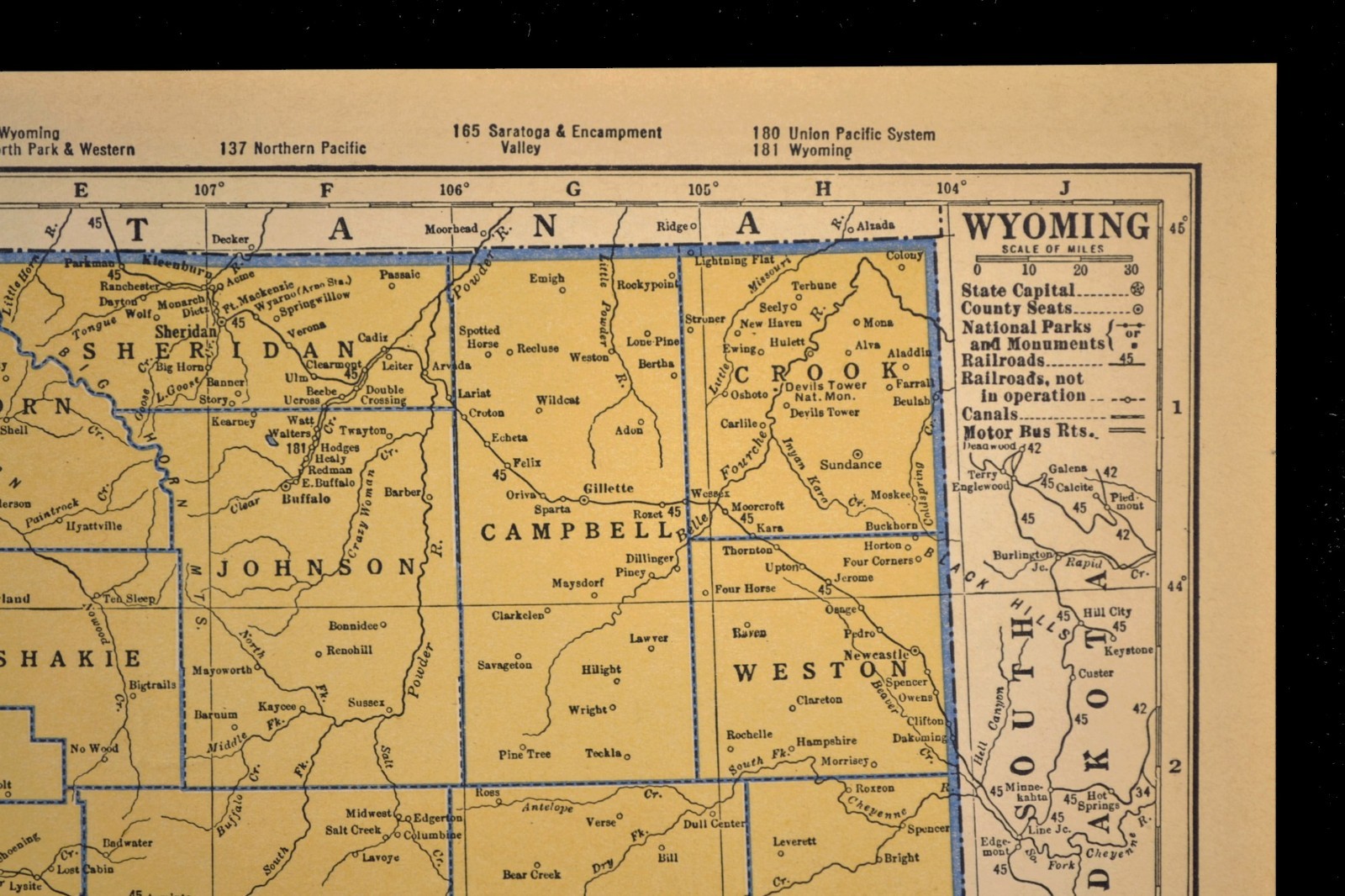 ca1939 WYOMING Railroad Map Original Atlas Map Depot Towns CBQ RR Historic