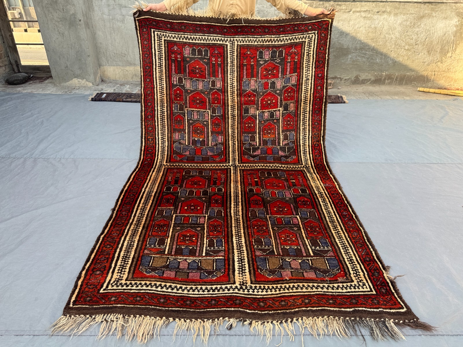 Antique Afghan Hand-Knotted Tribal Wool Rug with Rare Architectural Bedroom Rug