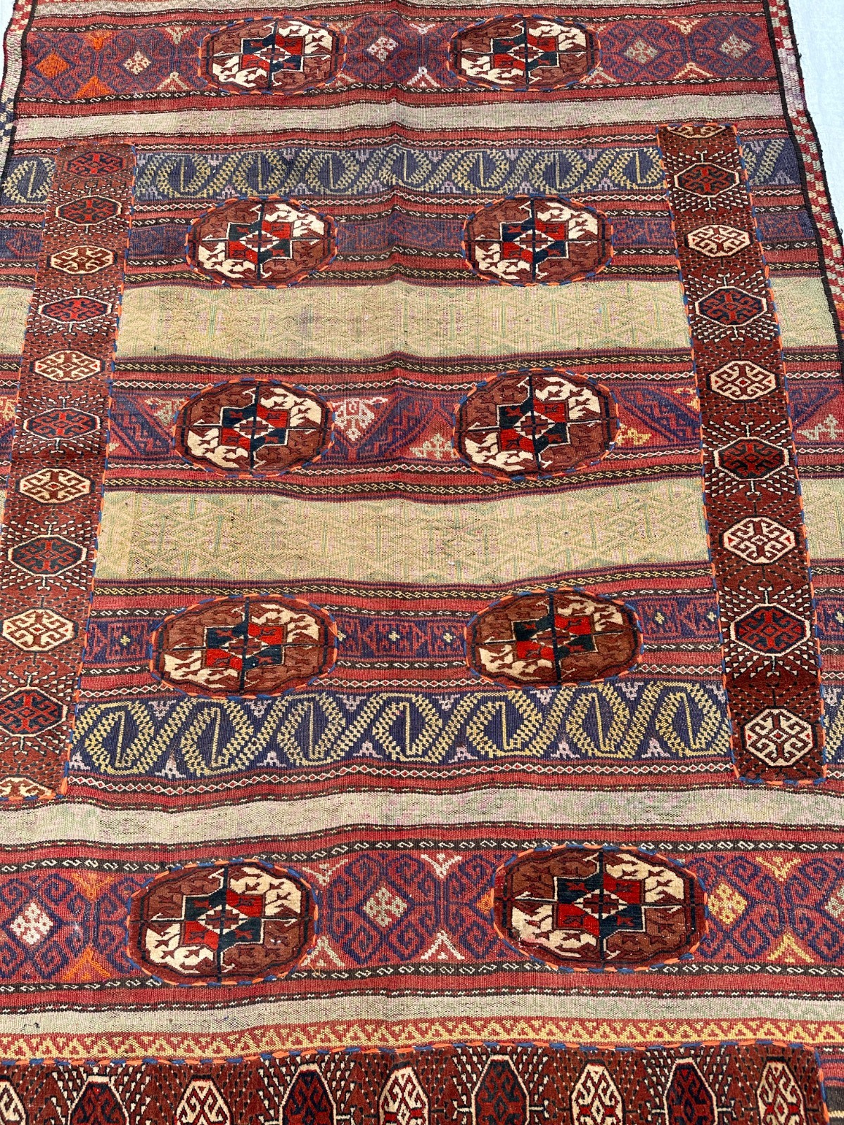 7 X 4’5 ft COLLECTORS’ ITEM Vintage Bukhara Turkoman Geometric Kilim Carpet Mix